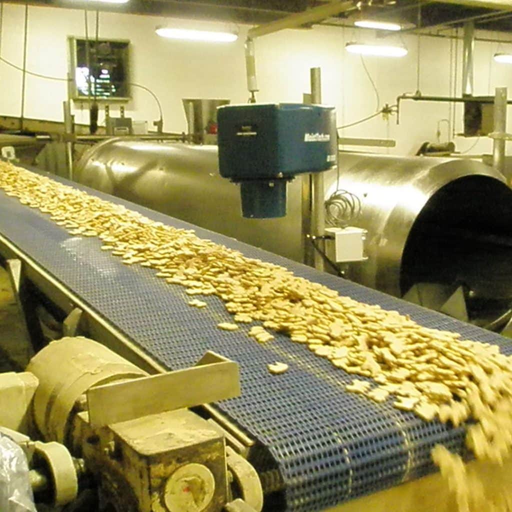 Crackers on a conveyor belt