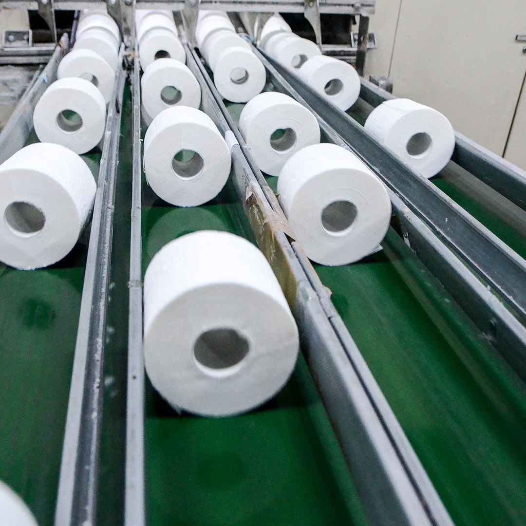 Image of rolls of paper on conveyers
