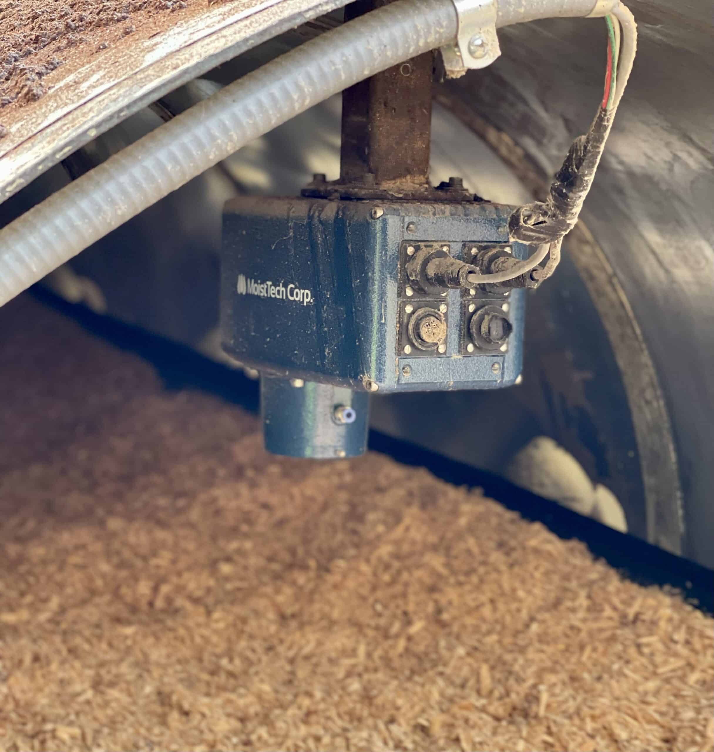 A moistTech sensore reading the moisture of wood chips on a conveyor