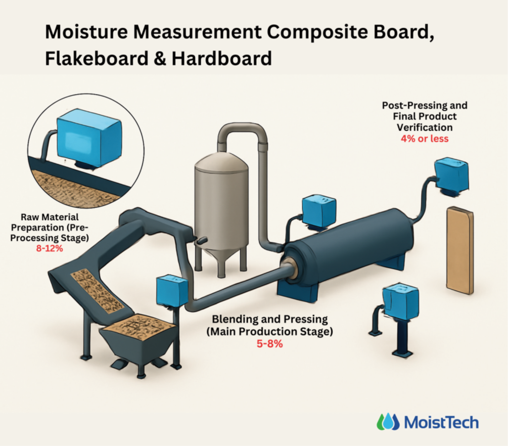 Moisture Measurement in Composite Board, Flakeboard, & Hardboard Production Diagram