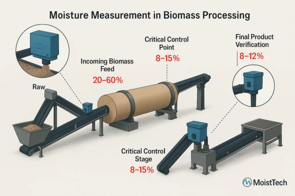 Moisture Measurement in Wood Biomass Processing Diagram
