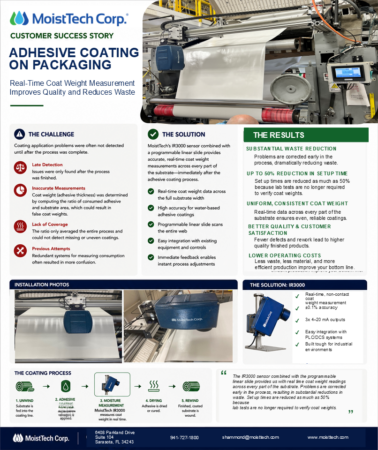 Adhesive coating on packaging case study showing real-time coat weight measurement with the MoistTech IR3000 sensor