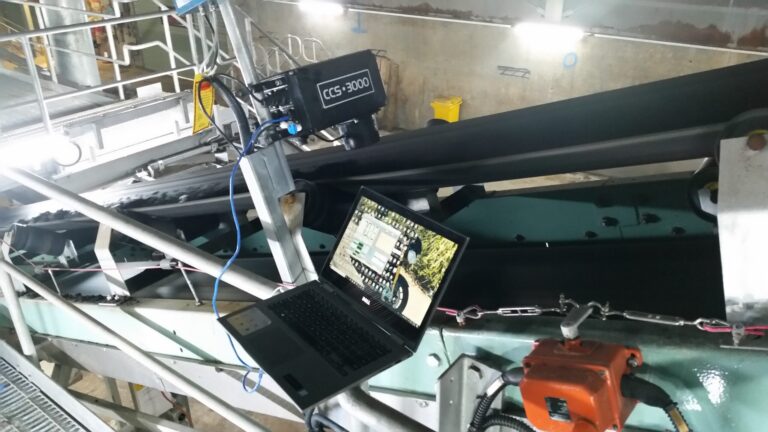 MoistTech CCS3000 moisture sensor installed above a biosolids conveyor for continuous, real-time moisture measurement.