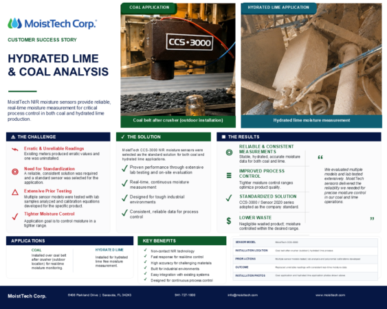 Hydrated lime and coal moisture analysis case study using MoistTech CCS-3000 NIR moisture sensors