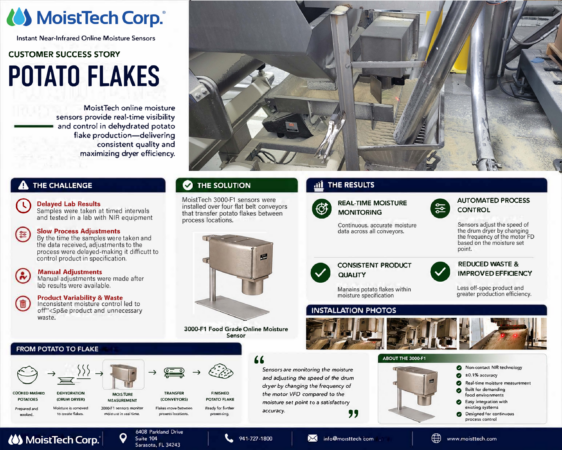 Potato flake moisture control case study using MoistTech 3000-F1 online moisture sensors
