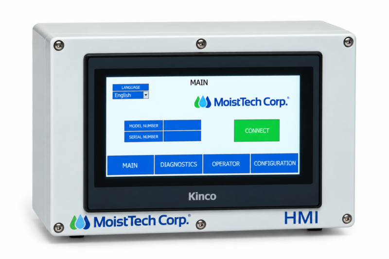 MoistTech HMI touchscreen operator interface for real-time industrial moisture monitoring and sensor control