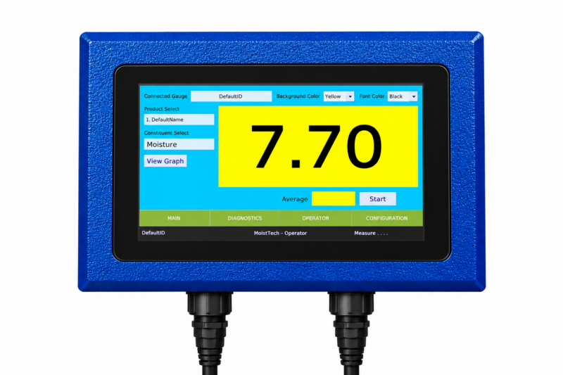 MoistTech OIU operator interface displaying real-time moisture measurement and industrial sensor controls